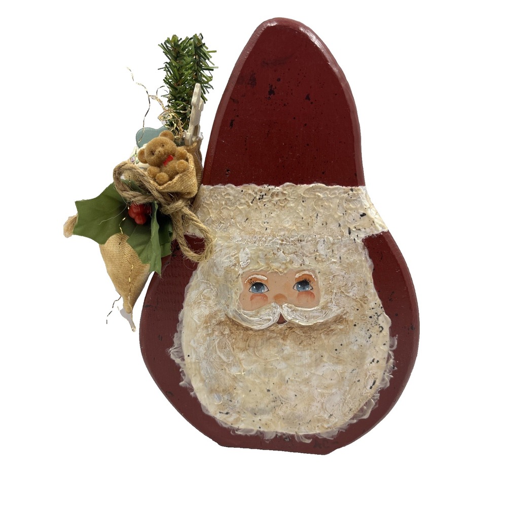 Santa Christmas Hand Painted Handmade Wood Wooden 6.5" Toy‎ Sack Country
